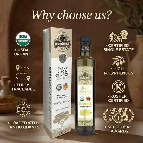 Vista 2 de Ellora Farms, Aceite de oliva virgen extra griego orgánico, DOP messara de una sola finca, alto polifenol, rastreable, kosher, botella de vidrio