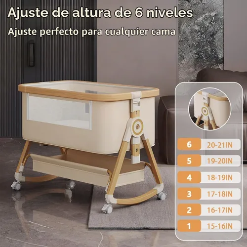 Vista 3 de Baby Bassinet, 4 In 1 Portable Bassinet Bedside Sleeper with Wheels Comfy Mattress and Storage Basket, Moises Para Bebe 6 Adjustable Height Rocking