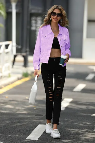Vista 3 de LZLER Chaquetas de mezclilla para mujer, chaqueta de mezclilla elástica clásica y ajustada para mujer
