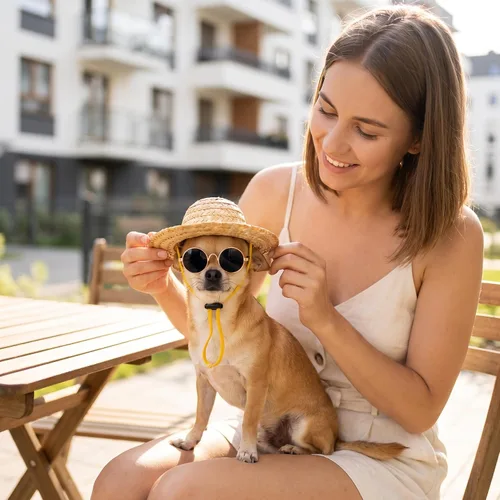 Vista 5 de 6 piezas de disfraz de perro y gato, lentes de sol retro para mascotas, collar de cadena dorada ajustable y sombrero de paja, accesorios divertidos