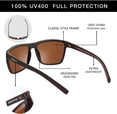 Vista 4 de ZENOTTIC - Gafas de sol polarizadas con montura ligera y cuadrada de TR90 y protección UV400