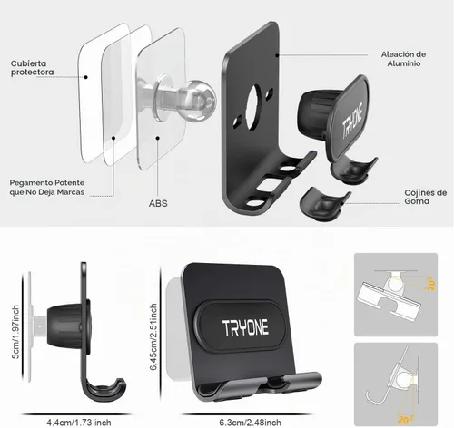 Vista 2 de Tryone Soporte de pared para teléfono celular, soporte ajustable para teléfono celular con 2 almohadillas adhesivas para baño, dormitorio, cocina
