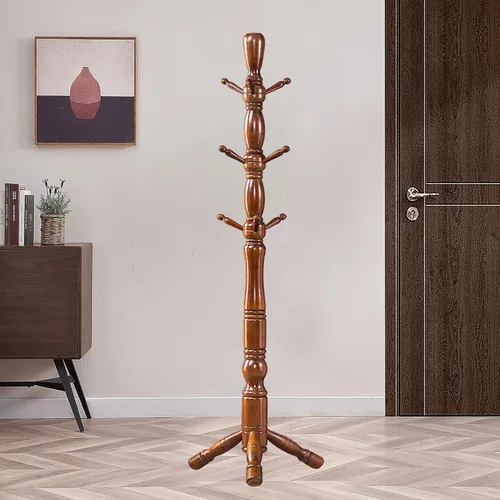 Vista 8 de Perchero de madera para pasillo, árbol de base triangular estable con 3 opciones de altura y 9 ganchos, perchero vintage independiente para pasillo