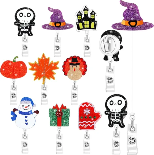 Vista 8 de Yexiya 9 piezas de portacarretes de insignias navideñas de acrílico retráctil con brillos y purpurina, carretes de insignias para días festivos