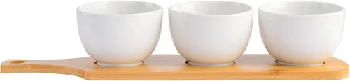 Vista 4 de Gibson Home Gracious - Vajilla de comedor, juego de 3 cuencos Tidbit con bandeja de bambú, color blanco, cuenco Tidbit de 3 piezas con bandeja