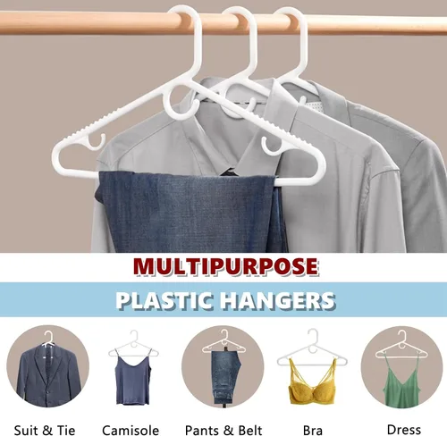 Vista 7 de Amber Home Paquete de 36 perchas de plástico resistentes, perchas blancas antideslizantes con barra para pantalones, perchas de plástico grueso