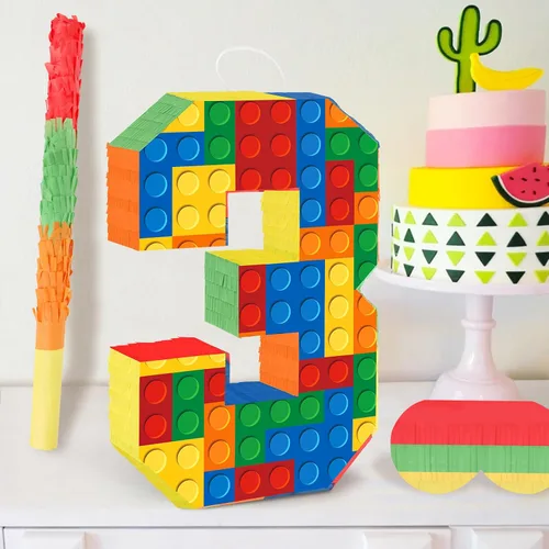Vista 7 de Decoraciones de fiesta de cumpleaños de bloques de construcción para el tercer cumpleaños Número 3 Piñata con palo de piñata y venda para los ojos