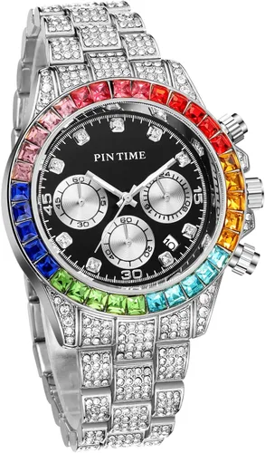 Vista 4 de Gosasa Reloj de pulsera para hombre y mujer, diseño de diamantes y esfera colorida, estilo hip hop, piedras de cristal de acero inoxidable