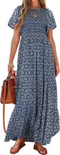 Vista 23 de PRETTYGARDEN - Vestido largo casual de verano para mujer, manga corta acampanada, bohemio, floral, cuello redondo, vestido blusón, escalonado