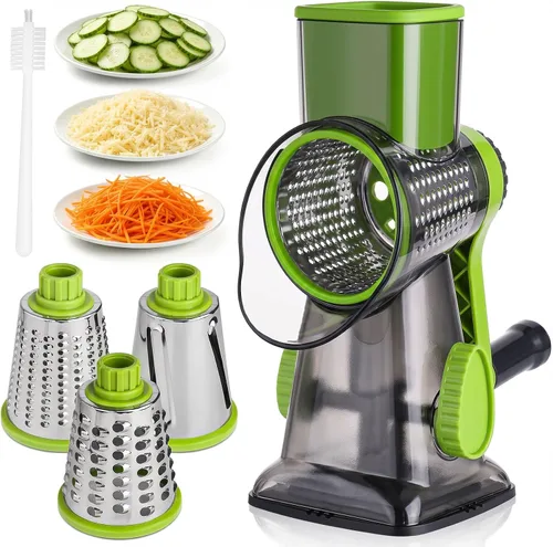 Vista 10 de HANSGO Rallador de queso giratorio de mano, triturador rebanador y molinillo, 3 cuchillas metálicas de gran diámetro y cepillo de limpieza, base