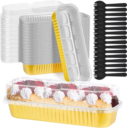 Vista 15 de Paquete de 100 mini moldes para pan de Navidad con tapas, mini moldes para pasteles con tapas y cucharas, moldes de papel de aluminio de 6.8 onzas