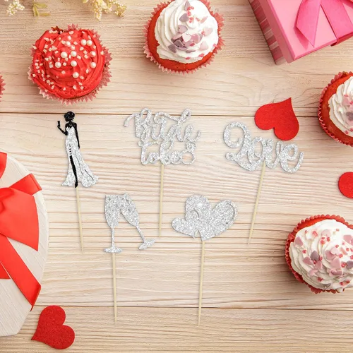 Vista 4 de 30 piezas de decoración para cupcakes con purpurina y corazón de amor, color champán, despedida de soltera, decoración para boda, compromiso plateado