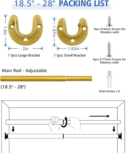 Vista 6 de Barras de armario para colgar ropa, resistentes, longitud ajustable (#1 dorado, 18.5 - 28 pulgadas)
