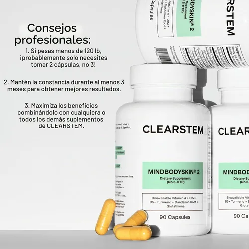 Vista 6 de CLEARSTEM - MINDBODYSKIN Suplemento hormonal para el acné (sin 5-HTP) - Suplemento DIM natural - Vitaminas para el cuidado de la piel - Equilibrio