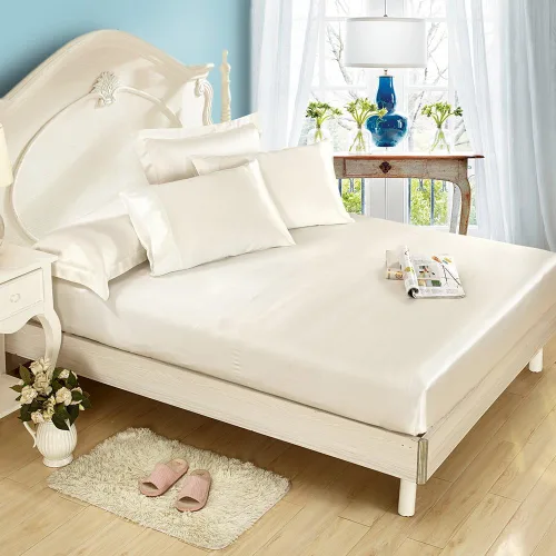 Vista 2 de LilySilk Juego de ropa de cama de seda de 4 piezas de seda de morera de 25 Momme, tamaño Queen, marfil, 1 sábana bajera, 1 sábana encimera, 2 fundas