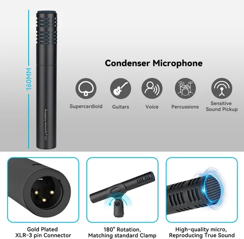 Vista 4 de happymusic M7 - Kit de micrófono de batería con cable, 7 piezas de metal dinámico de micrófono y platillos de bajo dinámico, uso para batería vocal