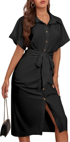 Vista 4 de LYANER Vestido midi de manga corta con cuello y botones para mujer