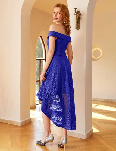 Vista 5 de HomRain - Vestido elegante con encaje floral para mujer, con hombros descubiertos y dobladillo asimétrico, para bodas, cócteles y fiestas