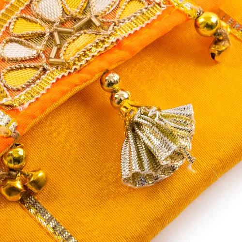 Vista 3 de Monedero de trabajo Gota Pati hecho a mano, mano cosida a mano, sobre de boda tradicional étnico dorado para niñas y mujeres, para fiestas, bodas