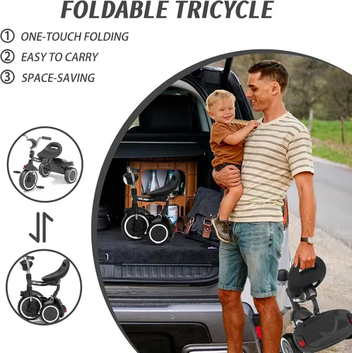Vista 6 de Glaf Bicicleta para niños de 2 a 5 años, triciclo para niños pequeños de 1 a 3 años, triciclo con asiento ajustable y cesta de almacenamiento, Negro