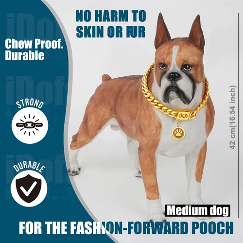 Vista 7 de Collares de cadena para perro, collar de eslabones cubanos con hebilla con campana y placa para perro, acero inoxidable metálico de 10mm, collar