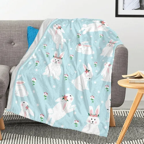 Vista 16 de Manta de Pascua y primavera, manta de felpa acogedora y suave para sofá, cama, sofá, viajes, campamento para adultos/niños, color azul y blanco
