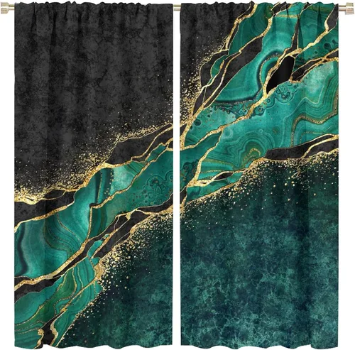 Vista 21 de Cortinas abstractas de mármol de lujo de lujo azul marino dorado a rayas con patrón de mármol estampado para dormitorio, sala de estar, cortinas