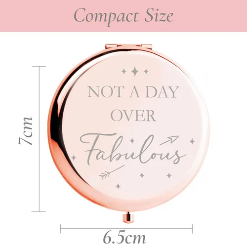 Vista 6 de Regalos de cumpleaños para mujer, espejo compacto de oro rosa con texto en inglés "Not a Day Over Fabulous", ideas de regalo de cumpleaños