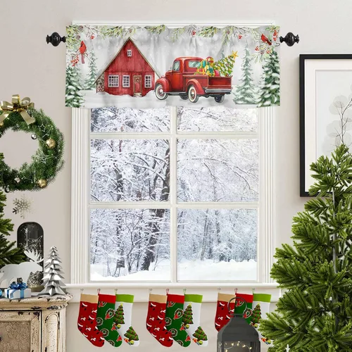 Vista 5 de Paquete de 2 cenefas cardenales rojas para dormitorio, sala de estar, diseño de camión rojo con texto en inglés "Merry Christmas", cortinas romanas