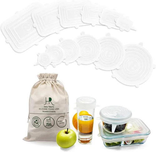 Vista 7 de Hanna Roberts Paquete de 12 tapas elásticas de silicona para alimentos, forma redonda y rectangular, sin BPA, tapas reutilizables y ecológicas. El