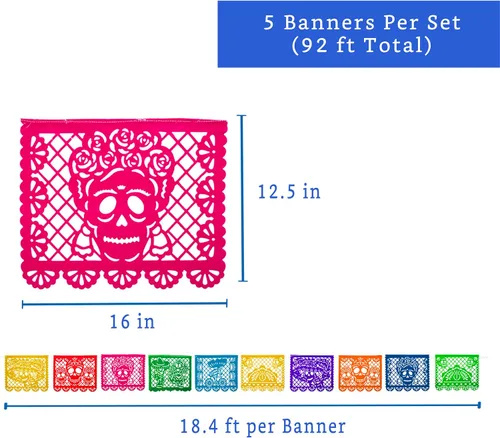 Vista 4 de Pancartas de fiesta mexicana (paquete de 5, 10 diseños de banderas de plástico por bandera) + piñata mexicana (grande de 32 pulgadas), pancarta