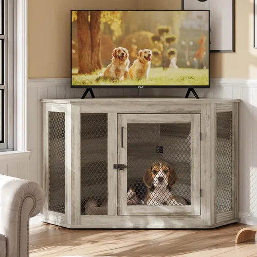 Vista 4 de PUKAMI Mueble esquinero de 52 pulgadas para perros, muebles de madera para perreras con malla, casa decorativa de madera para perros