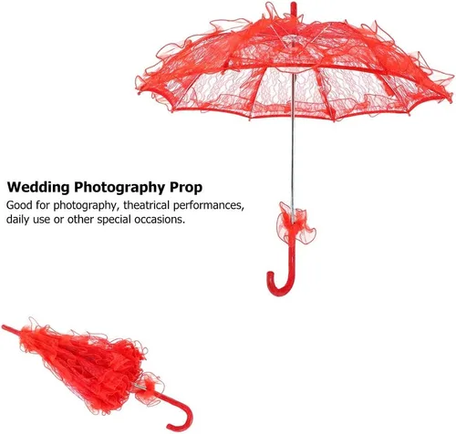 Vista 7 de Fdit Paraguas de algodón con encaje nupcial para bodas fiestas bailar fotografía accesorio rojo