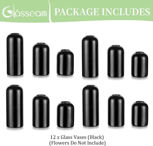 Vista 6 de Glasseam Juego de 12 jarrones negros, jarrones de cristal únicos para decoración, bonitos jarrones pequeños a granel, jarrón moderno estético