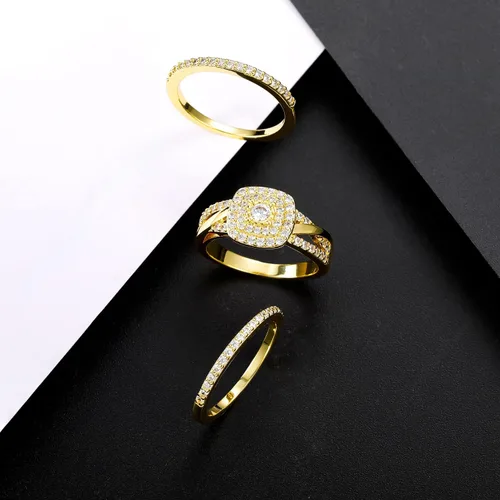 Vista 4 de MDFUN Three-in-One ring set Square Halo Wedding Band Set Engagement Ring 18K WhiteYellow Gold Plated Cubic Zirconia Promise ring Eternity Ring for
