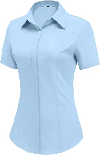 Vista 10 de HOTOUCH Camisas de manga corta con botones para mujer, blusa con cuello ajustado, blusa básica de verano para oficina, tallas S-2XL