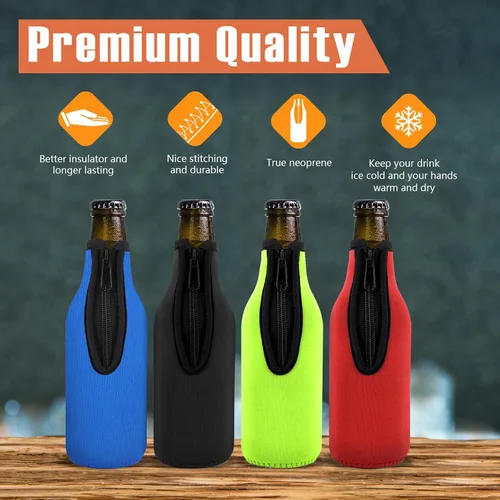Vista 2 de Funda aislante para botellas de cerveza de diferentes colores. Chaquetas para botellas con cremallera. Mantiene la cerveza fría y las manos
