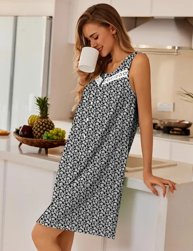 Vista 3 de Ekouaer Camisones para mujer, con botones, sin mangas, suave, con bolsillos, tallas S-XXXL
