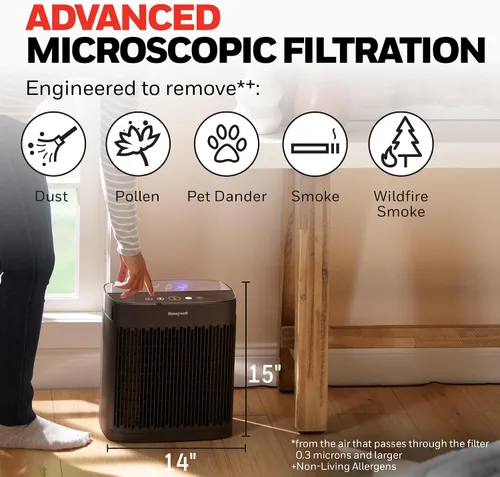 Vista 2 de Honeywell Allergen Plus - Purificador de aire HEPA para el hogar, habitaciones grandes de hasta 900 pies cuadrados, filtro HEPA que reduce el polvo