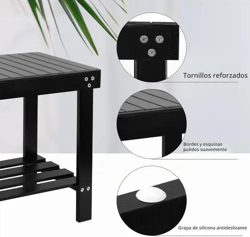 Vista 4 de VaeFae Taburete de bambú para asiento de spa, reposapiés, taburete de afeitado con pies antideslizantes, estante de almacenamiento para toalla