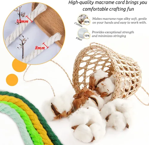 Vista 4 de Cordón de macramé de algodón, 0.315 in x 131 pies, hilo grueso para manualidades, cuerda trenzada de 3 hebras para colgar en la pared, ganchos