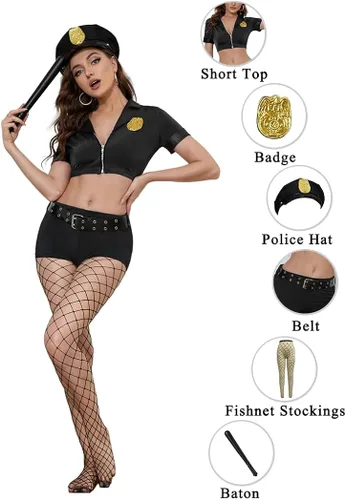 Vista 5 de Disfraz de policía para mujer, disfraz de Halloween sexy de 6 piezas, disfraz de policía sucia