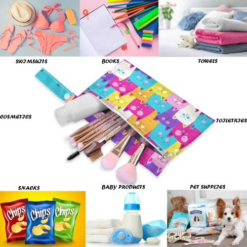 Vista 3 de visesunny Colorido gato - 2 bolsas húmedas con bolsillos con cremallera, lavable, reutilizable, espaciosa para viajes, playa, piscina, guardería