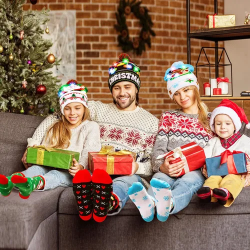 Vista 5 de MGparty Gorro de Navidad con luz LED, gorro de punto con calcetines de tripulación, regalos de fiesta de Navidad para adultos y niños