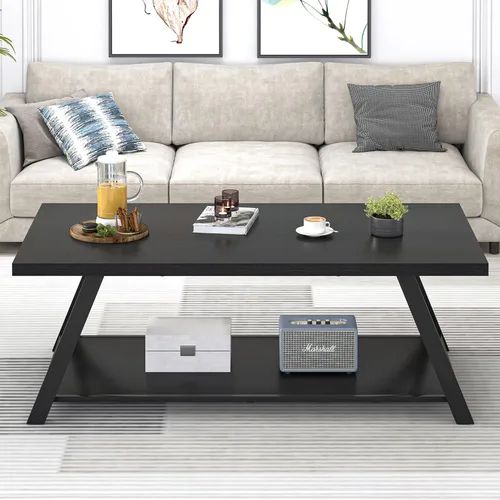 Vista 7 de EXCEFUR Mesa de centro negra, moderna mesa central de madera y metal con estante de almacenamiento, mesa de té rectangular industrial para sala