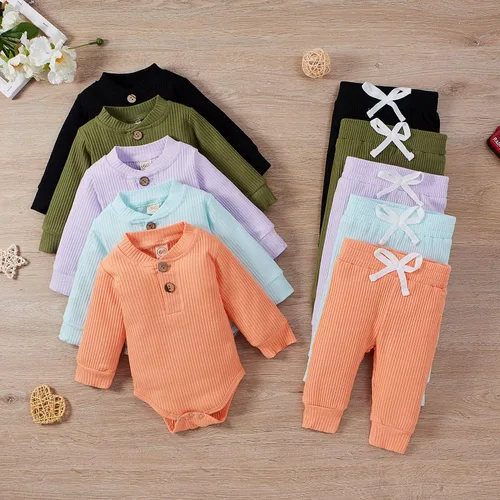Vista 7 de Ropa de otoño e invierno para recién nacidos, trajes acanalados de algodón de manga larga con botones, 2 piezas