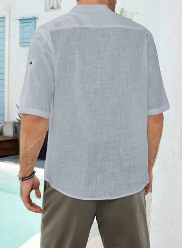 Vista 2 de Camisa básica cómoda de lino de manga corta para hombre, ligera, de color sólido, con botones