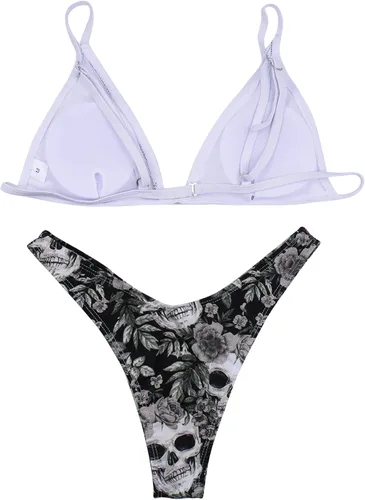 Vista 53 de AIBEARTY Traje de baño de dos piezas con estampado de calaveras para mujer, conjunto de bikini triangular de corte alto para fiesta, festival