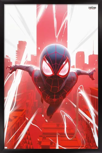 Vista 9 de Marvel's Spider-Man: Miles Morales - Póster de Falling Wall, 22.4 pulgadas de largo x 14.7 pulgadas de ancho, versión enmarcada de madera de granero