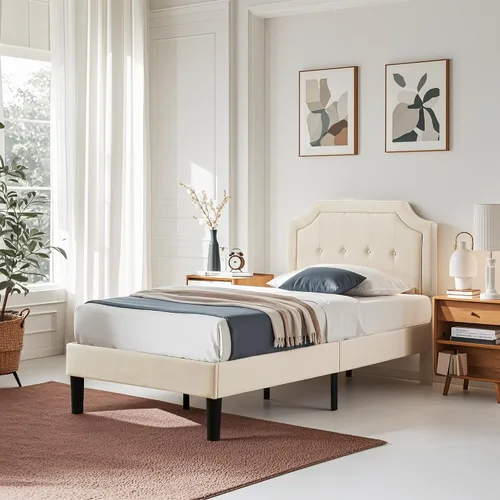 Vista 3 de VECELO - Base de cama tapizada con plataforma individual con cabecera ajustable de panel cosido con botones, fuerte soporte de listones de madera